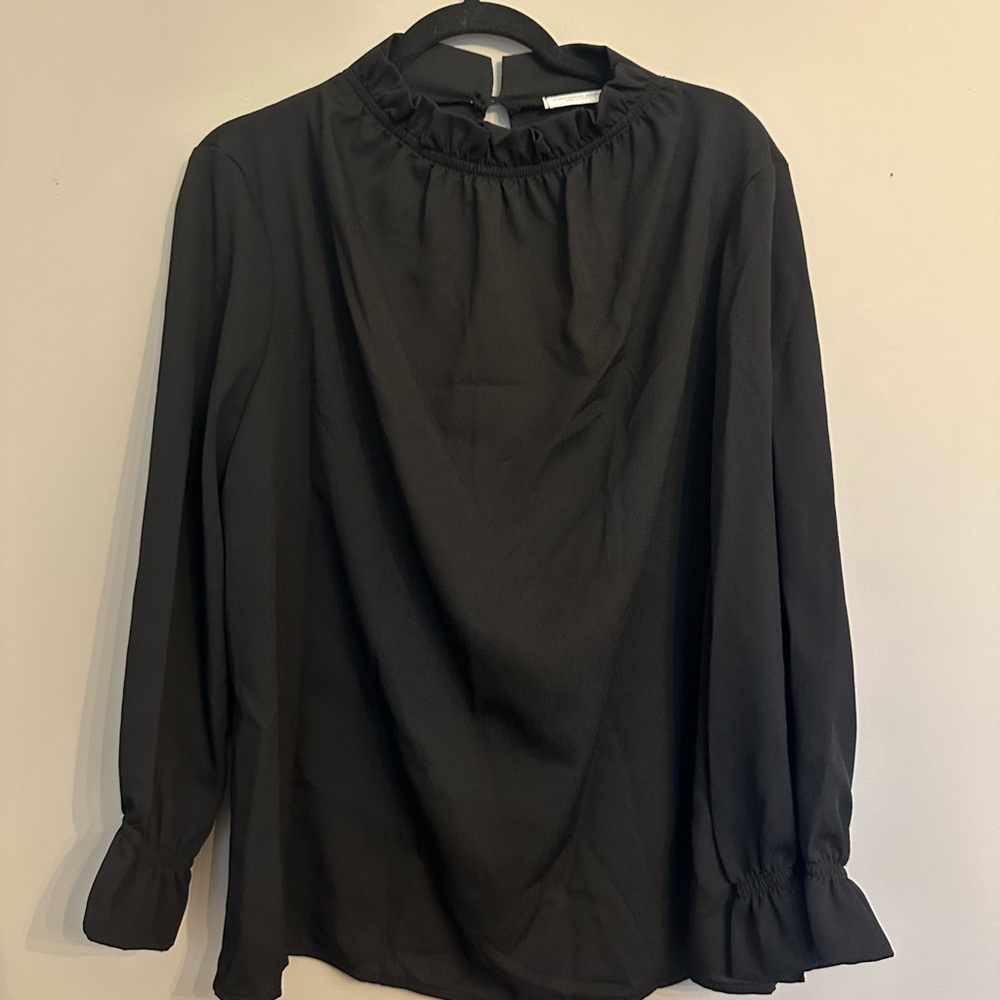 Chic Soul Black Ruffled Neck Long Sleeve Blouse - Picture 2 of 5